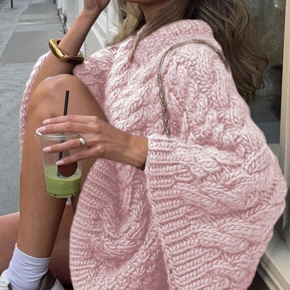 Pink Casual Women's Hemp Pattern Round Collar Wide Sleeve Long Sleeve Sweater - Picture 4 of 9